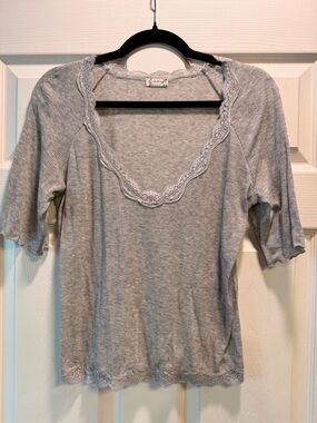 Free People - Gray Lace Trim Ribbed Top